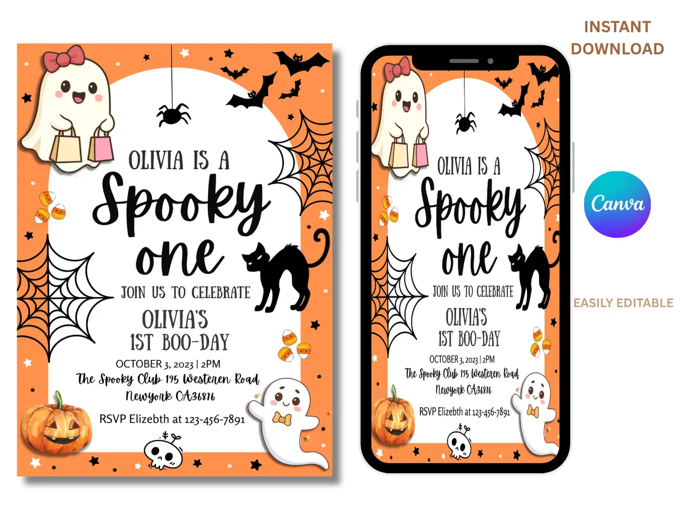 Halloween 1st Birthday Invitation | Spooky Boo-day Party Invite | Printable Ghost & Pumpkin Theme - Image 3