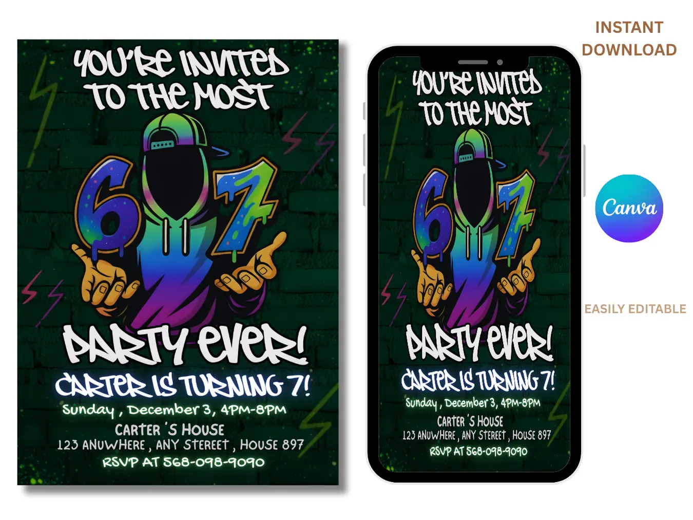 Funny 67 Meme Birthday Invitation , Urban Graffiti Style Kids Party Invite - Image 3