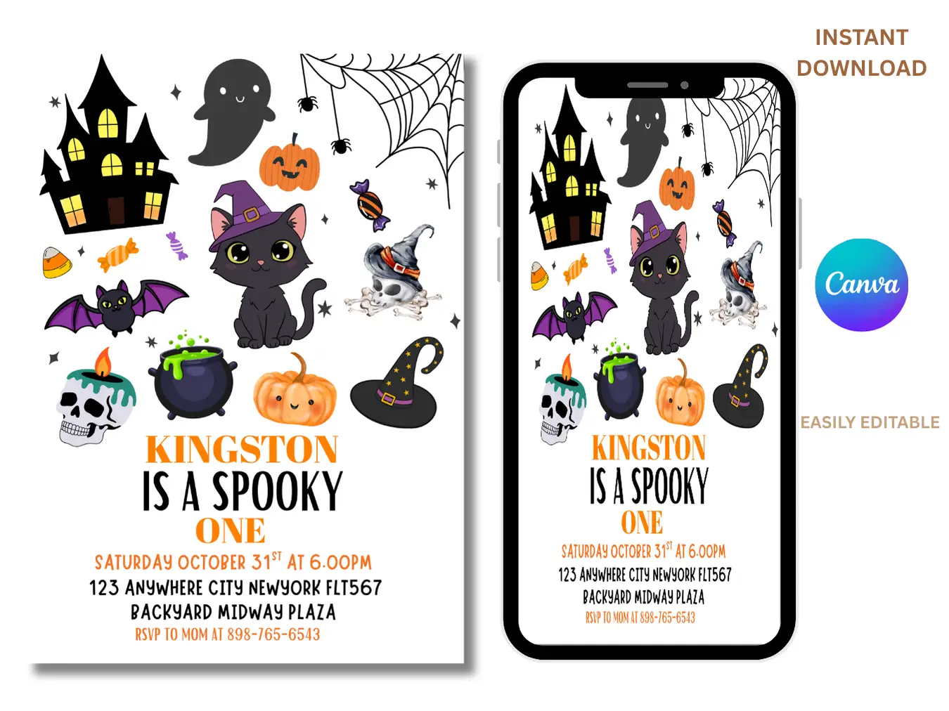 Halloween 1st Birthday Invitation – Spooky One Cute Cat Kids Party Invite - Image 3