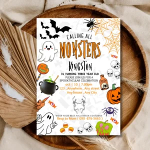 Halloween Monsters Kids Birthday Party Invitation – Cute Ghost & Pumpkin Invite