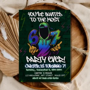 Funny 67 Meme Birthday Invitation , Urban Graffiti Style Kids Party Invite