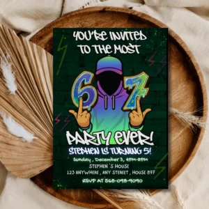 Funny 6 & 7 Kids Birthday Party Invitation – Urban Graffiti Meme Style Party Invite