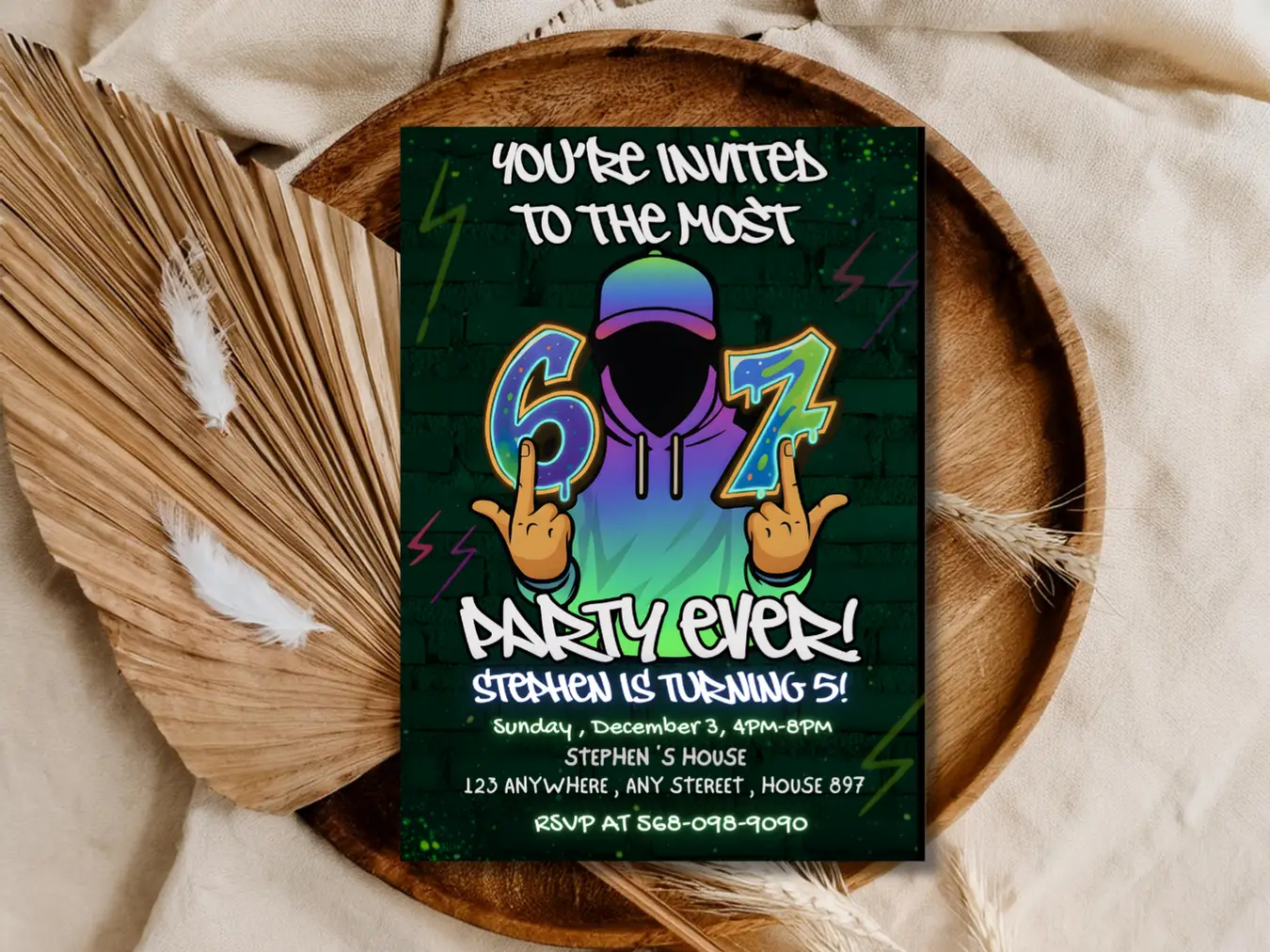 Funny 6 & 7 Kids Birthday Party Invitation – Urban Graffiti Meme Style Party Invite