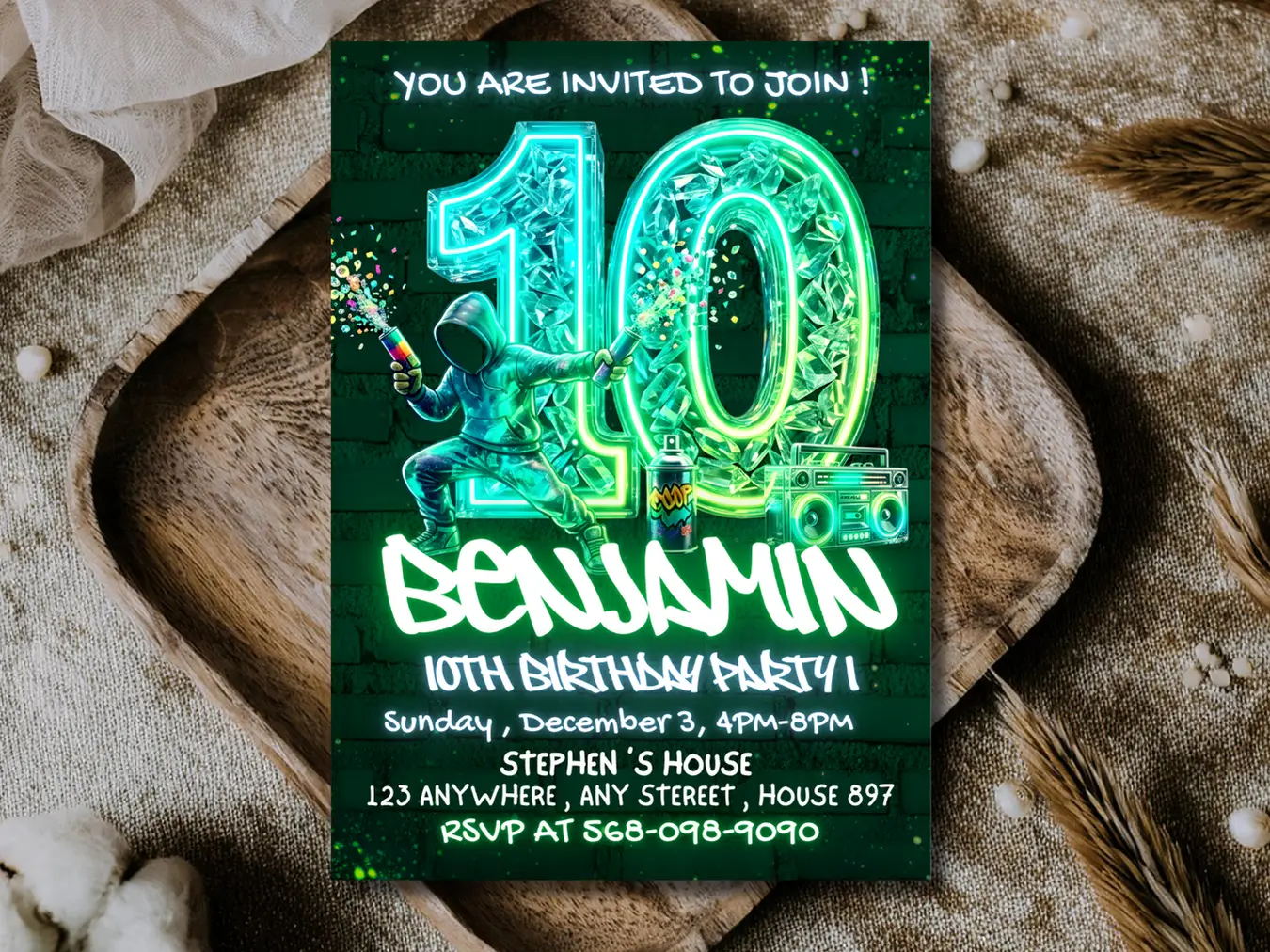 Boy 10Th Birthday Invitation, Bruh Birthday Invitation, Neon, Glow Invitation