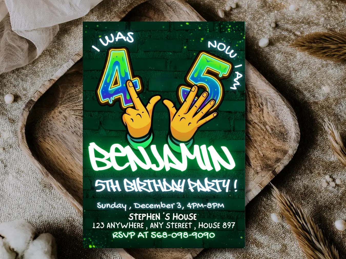 kids 5th Neon Glow Birthday Party Invitation