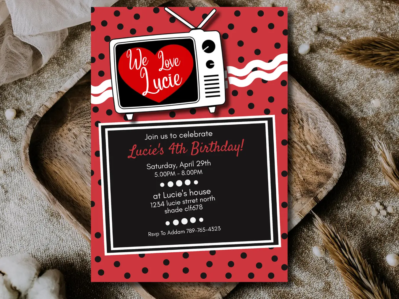 Retro 50's Polka Dot Birthday Invitation. Black, White & Red Polka Dot Invitation