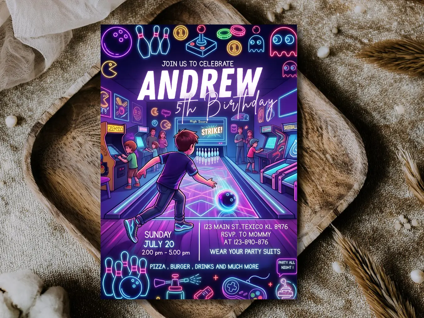 Bowling Birthday Invitation Template Arcade Gaming Party Theme