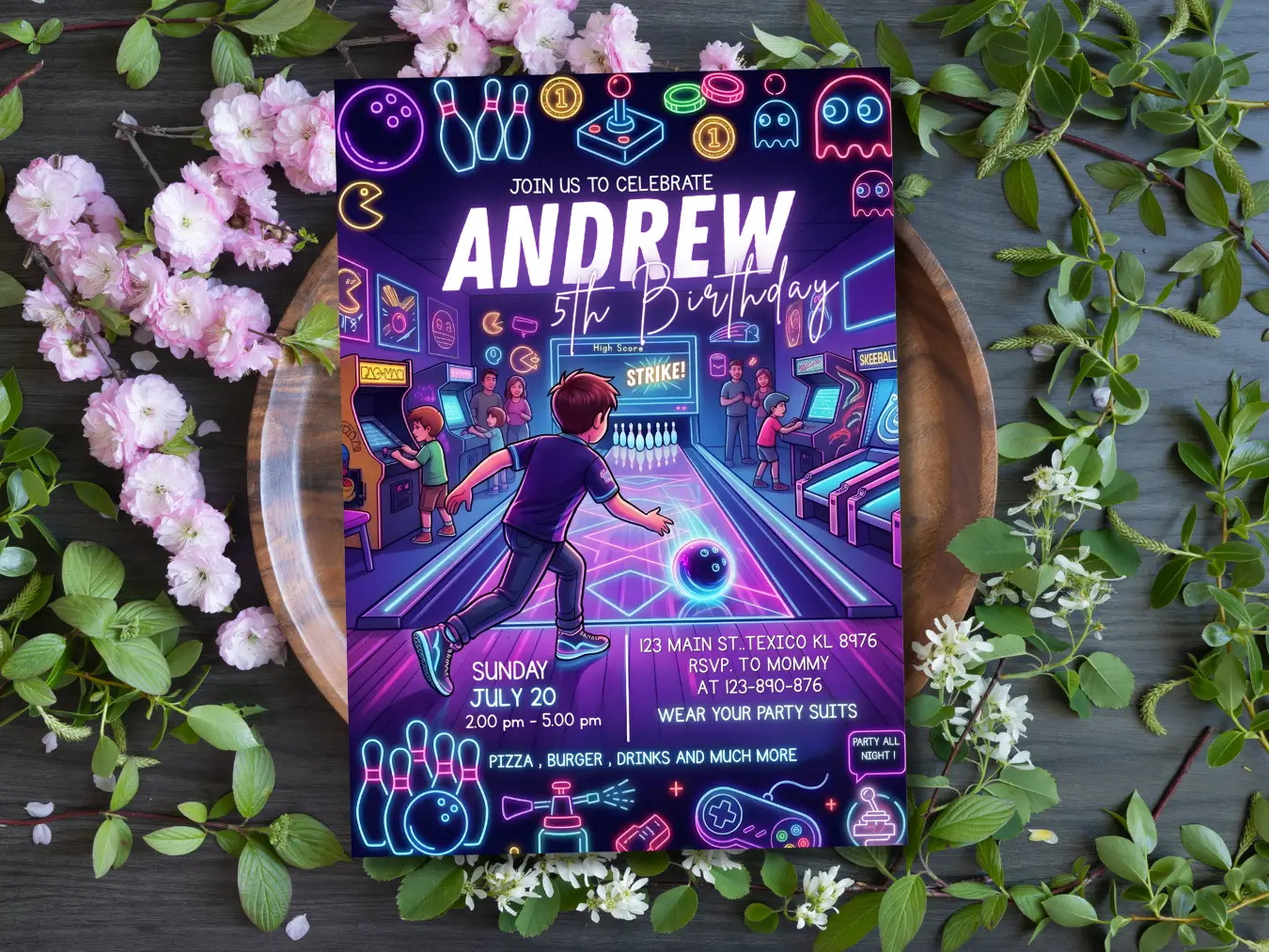 Bowling Birthday Invitation Template Arcade Gaming Party Theme - Image 4