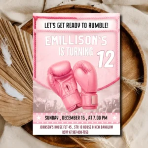 Pink Boxing Birthday Invitation Template| Editable Kids Fight Night Party Invite