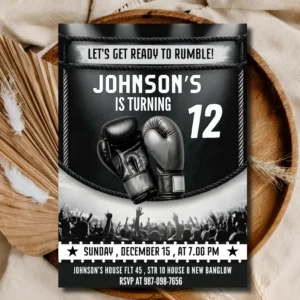 Black & Silver Boxing Birthday Invitation | Kids Fight Night Party Invite Template