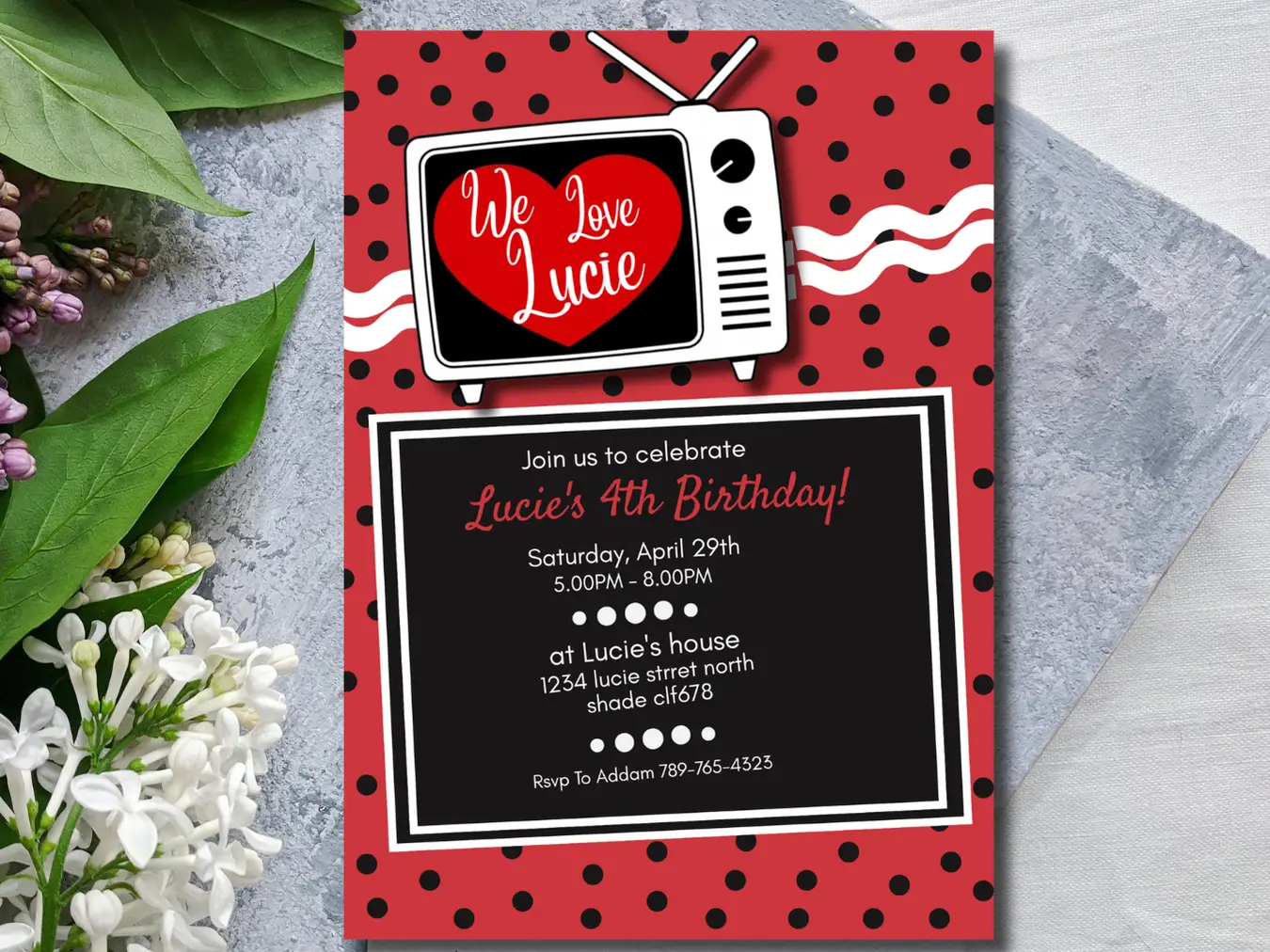 Retro 50's Polka Dot Birthday Invitation. Black, White & Red Polka Dot - Image 4