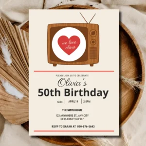 Editable 50th Retro TV Birthday Invitation – Vintage Broadcast Party Invite