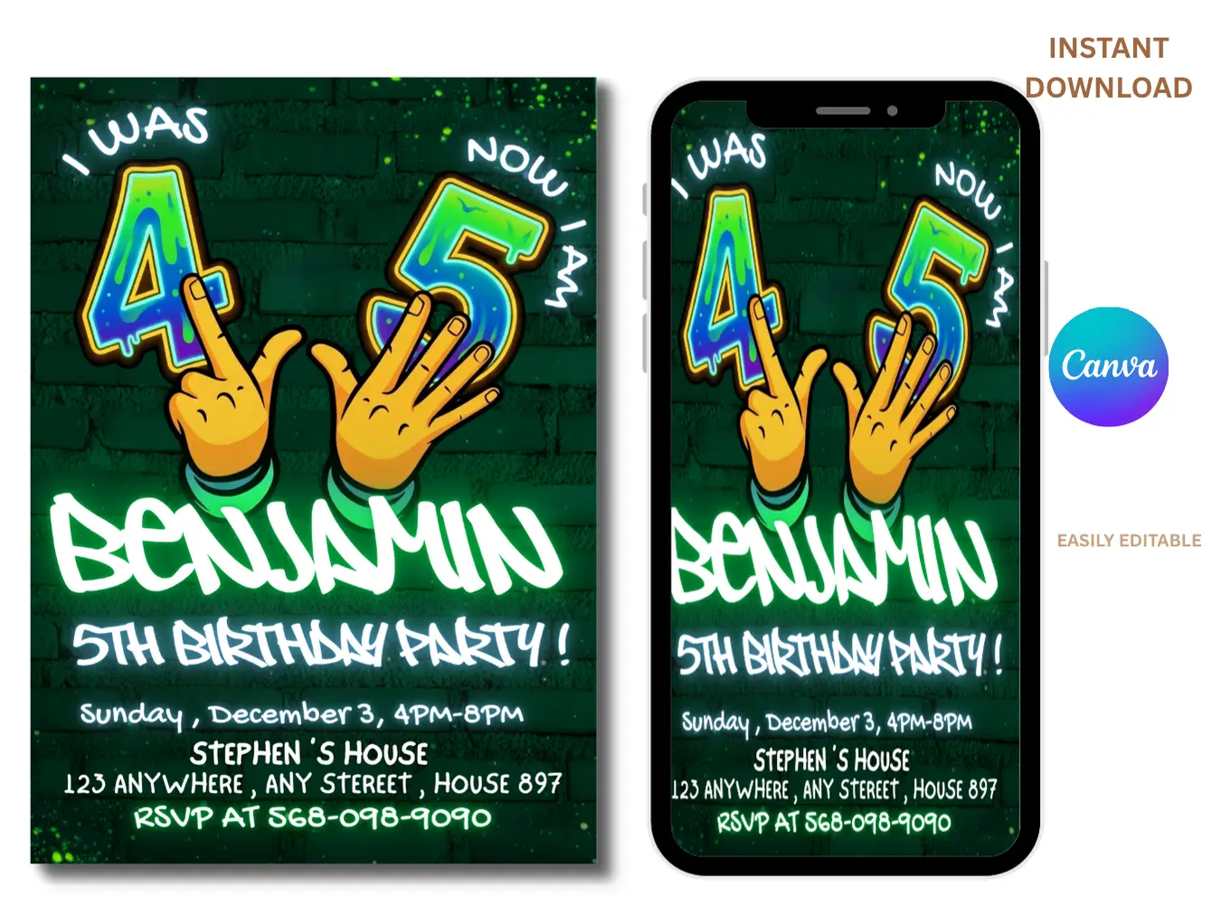 kids 5th Neon Glow Birthday Party Invitation - Image 3