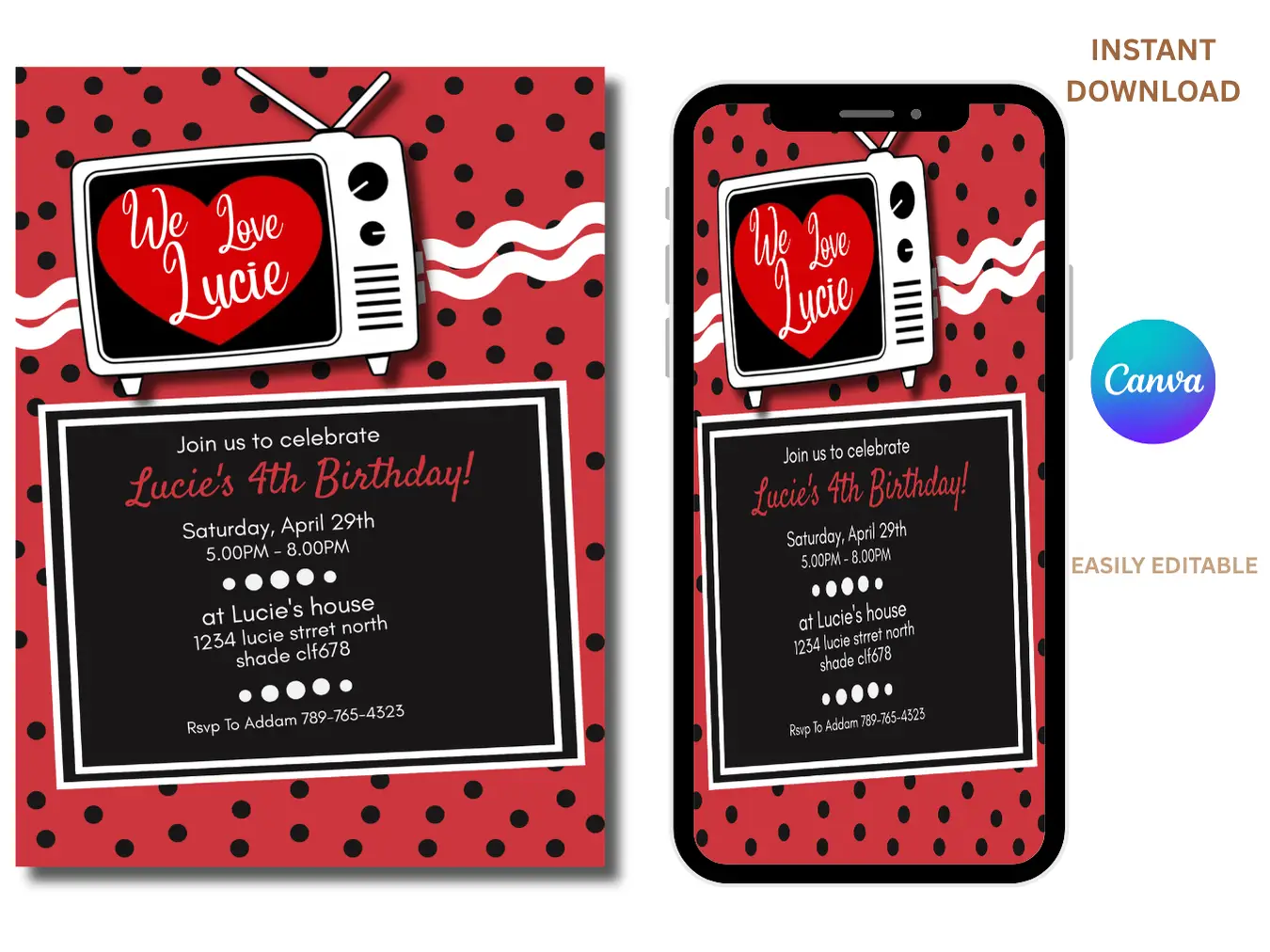 Retro 50's Polka Dot Birthday Invitation. Black, White & Red Polka Dot - Image 3