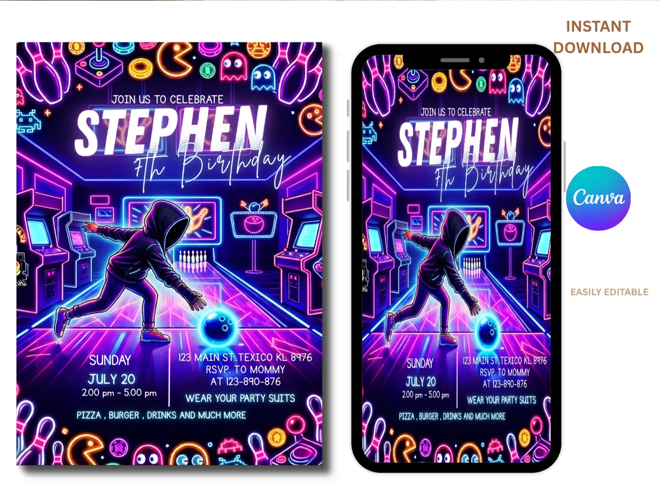Arcade Bowling Birthday Invitation Template – Neon Gaming Party Theme - Image 3