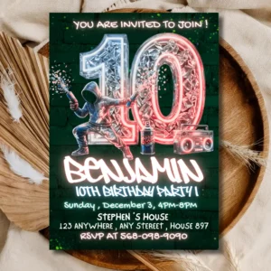 Boy 10Th Birthday Invitation,Neon, Glow Invitation,