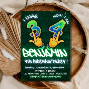 Neon Glow 4th Birthday Invitation | Fun Kids Birthday Party Invite