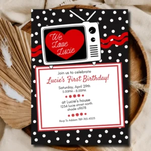 I Love Lucy Birthday Invitation | 1950s Style Printable Invite, Vintage Lucy TV Show Themed Party, Retro TV party