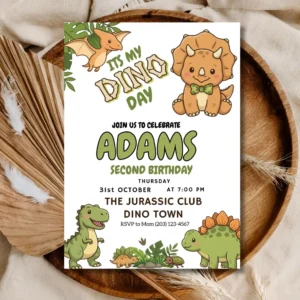 Dinosaur 2nd Birthday Invitation | Cute Dino Party Invite Template