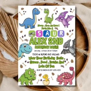“Stomp, Roar & Party!” Dinosaur 2nd Birthday Invitation  | Kids Dino Bash Invite