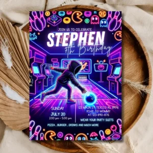 Arcade Bowling Birthday Invitation Template – Neon Gaming Party Theme