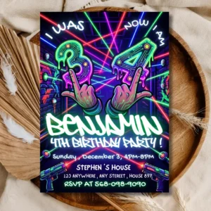Neon Laser Tag 4th Birthday Invitation | Glow Party Kids Invite Template