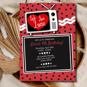 Retro 50's Polka Dot Birthday Invitation. Black, White & Red Polka Dot