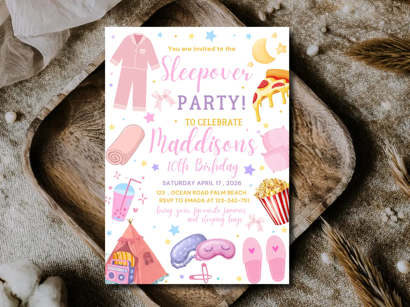 Pink Sleepover Party Invitation | Cute Girls Slumber Birthday Invite - Image 2