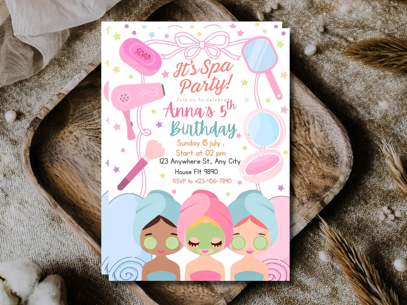 Spa Party Birthday Invitation for Girls | Cute Pamper Celebration Invite - Image 2