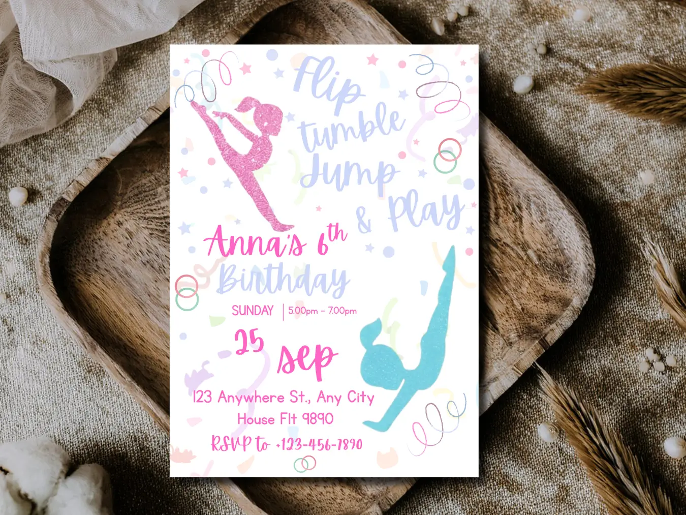 Girls Gymnastics Birthday Invitation | Flip Jump Celebrate Party Invite - Image 2