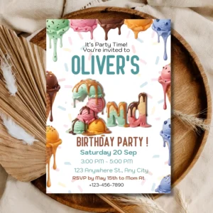 Sweet Ice Cream 2nd Birthday Invitation for Girls & Boys | Editable Party Invite