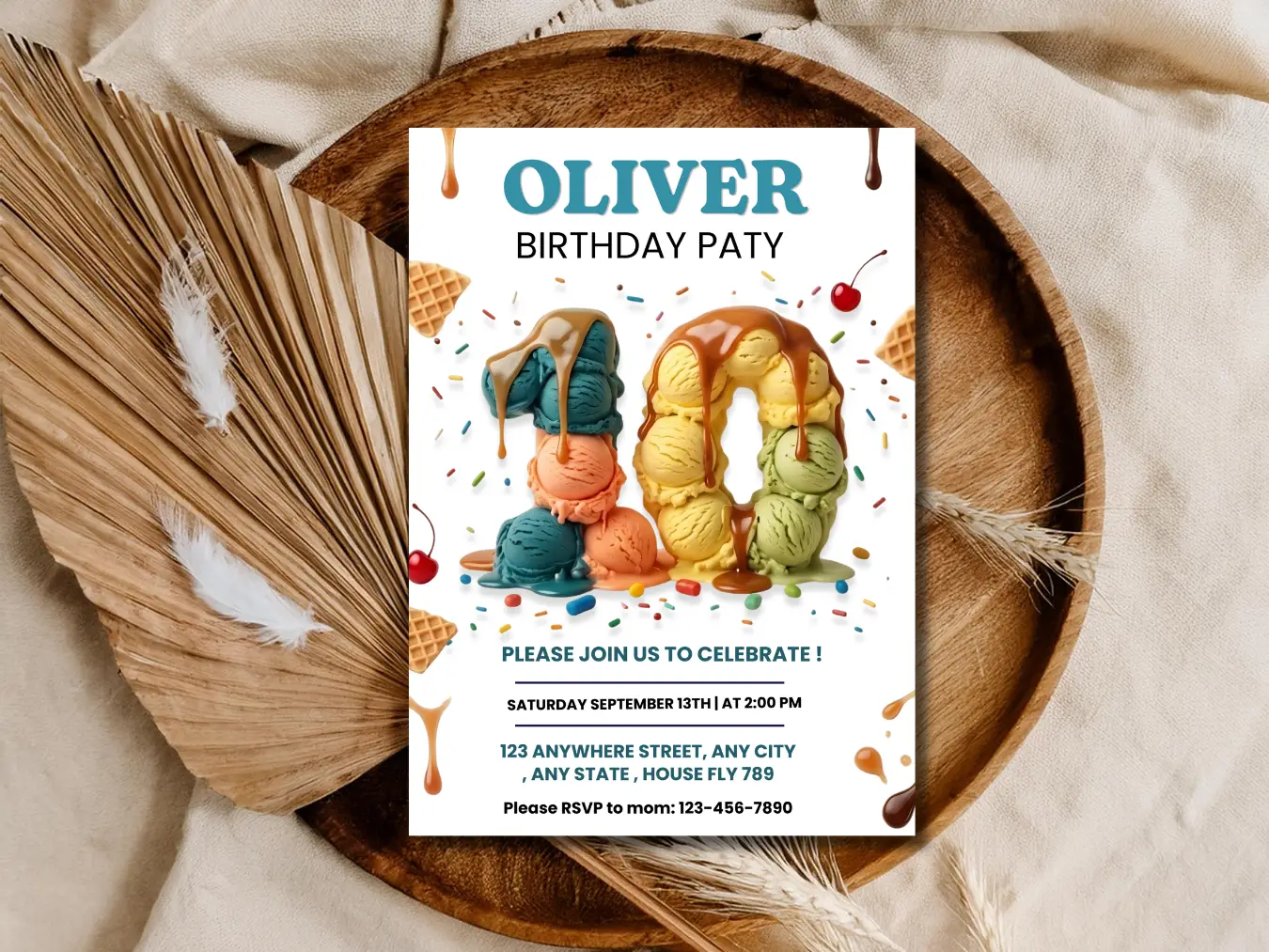 Sweet Ice Cream 10th Birthday Invitation for Kids | Colorful Party Invite Design