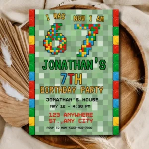 Pixel Blocks 7th Birthday Invitation | Creative Brick Party Invite