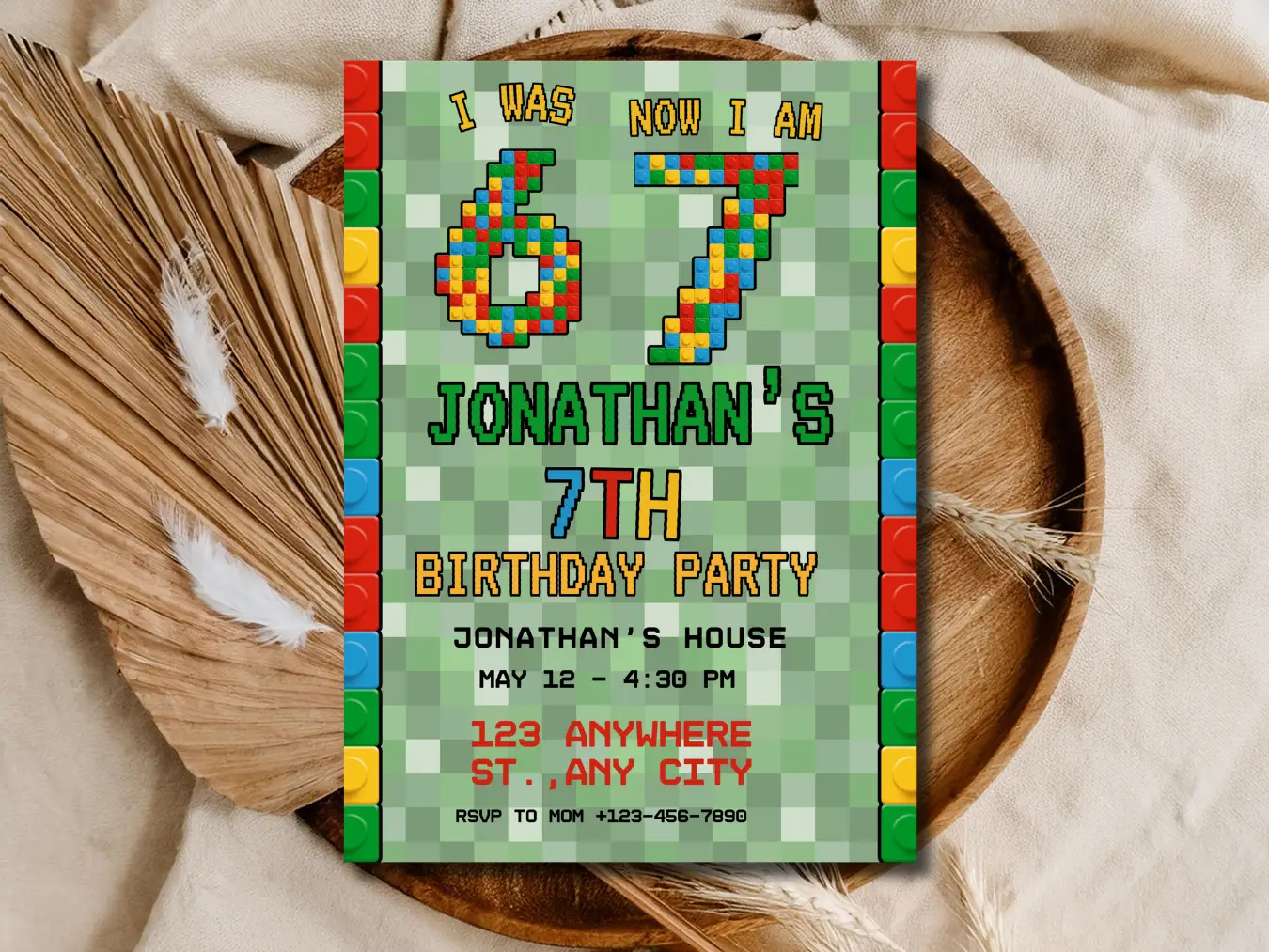 Pixel Blocks 7th Birthday Invitation | Creative Brick Party Invite
