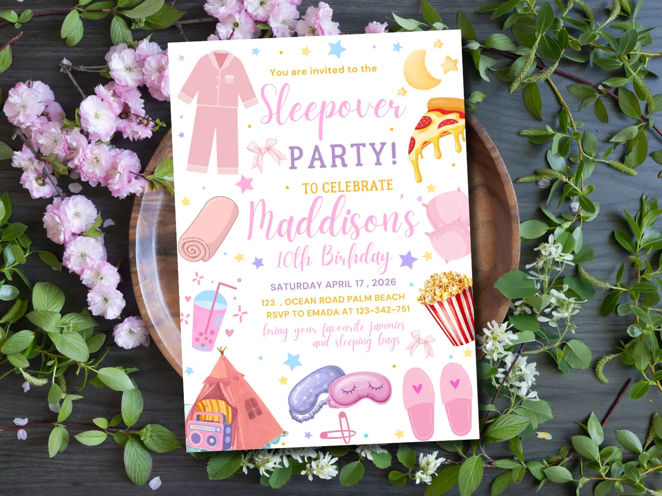 Pink Sleepover Party Invitation | Cute Girls Slumber Birthday Invite - Image 5