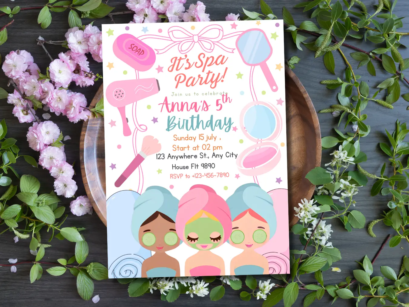 Spa Party Birthday Invitation for Girls | Cute Pamper Celebration Invite - Image 5