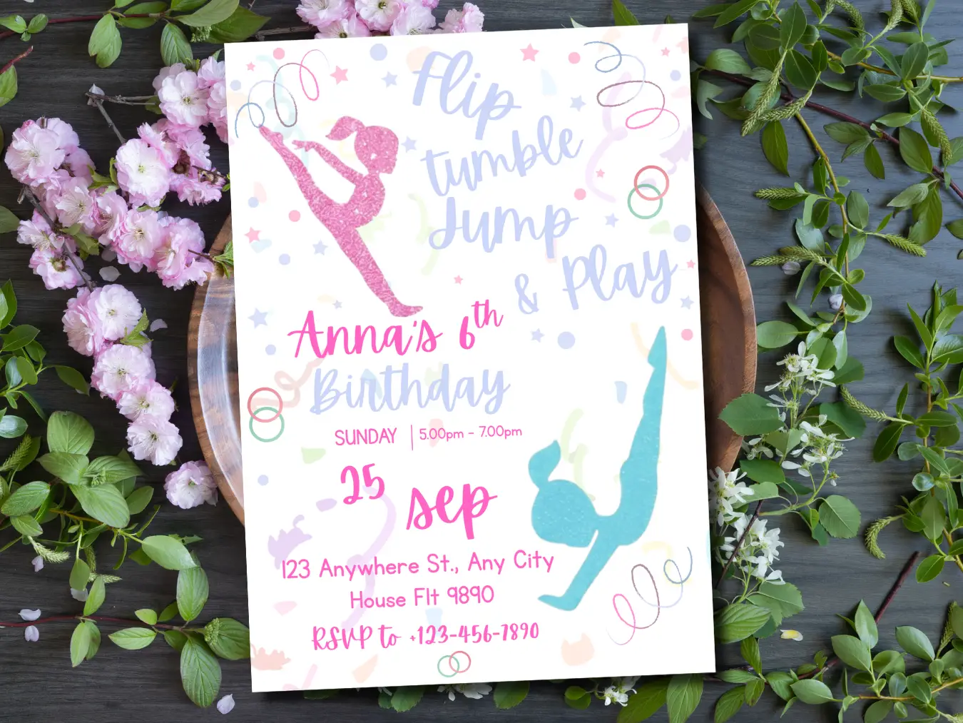 Girls Gymnastics Birthday Invitation | Flip Jump Celebrate Party Invite - Image 5