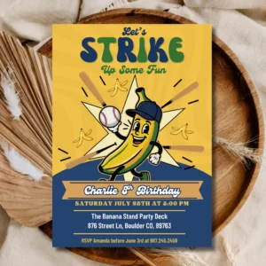 Kids Baseball Birthday Invitation | Funny Banana Sports Party Invite