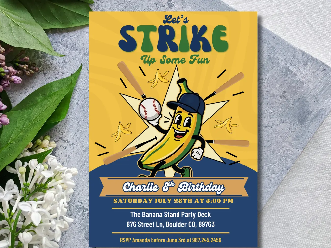 Kids Baseball Birthday Invitation | Funny Banana Sports Party Invite - Image 3