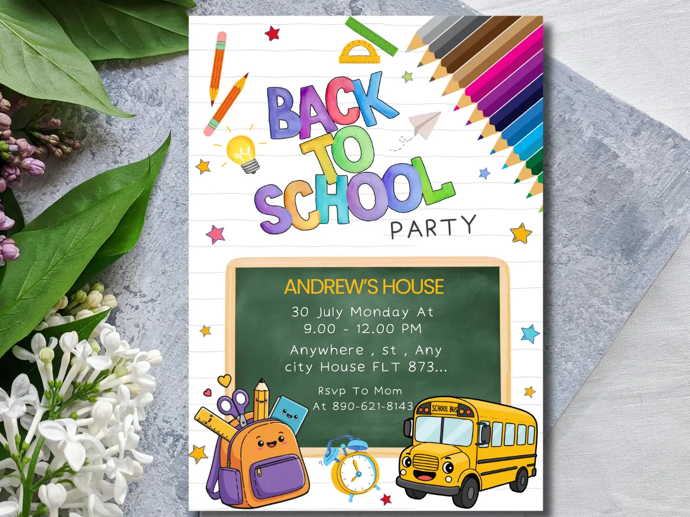 Back to School Party Invitation | Cute Kids School Theme Invite Template - Image 3