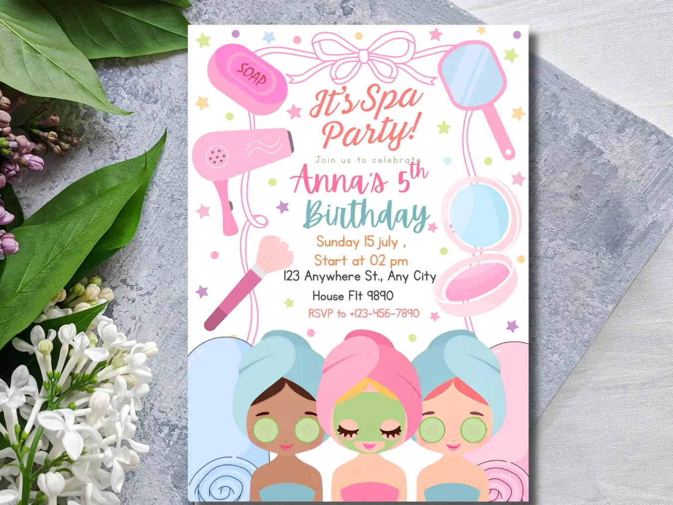 Spa Party Birthday Invitation for Girls | Cute Pamper Celebration Invite - Image 4