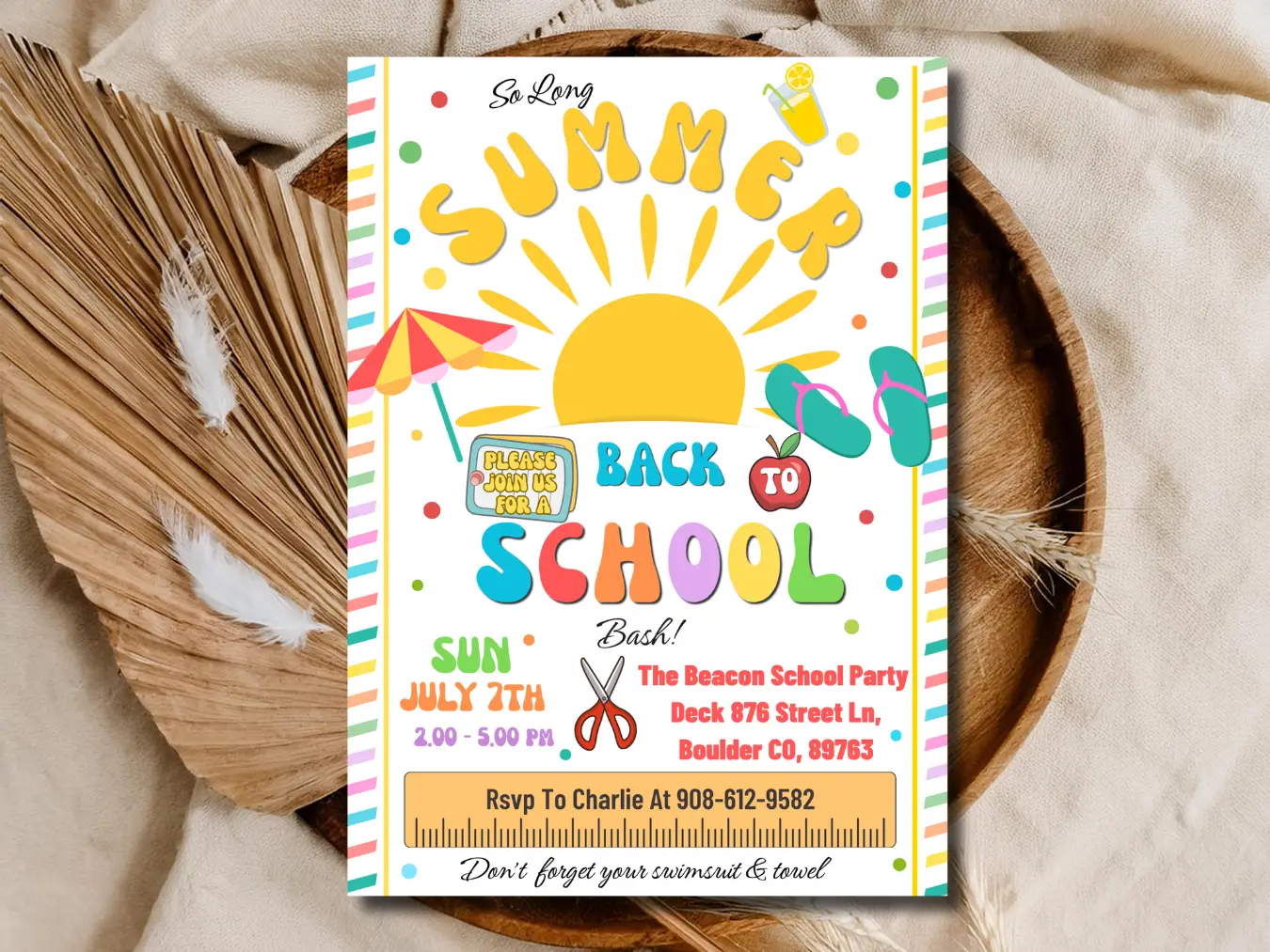 Summer School Bash Invitation Template | Fun Back to School Kids Party Invite