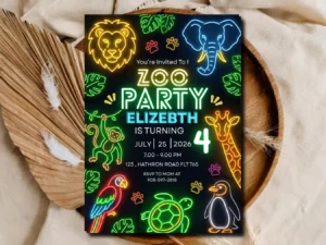 Kids Zoo Party Invitation | Neon Jungle Birthday Invite Template