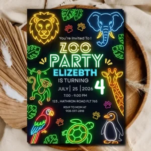 Kids Zoo Party Invitation | Neon Jungle Birthday Invite Template