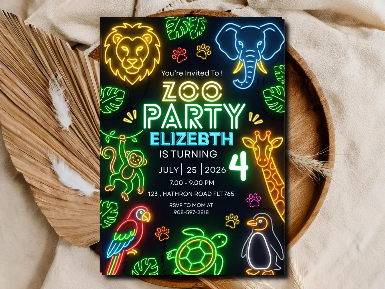 Kids Zoo Party Invitation | Neon Jungle Birthday Invite Template
