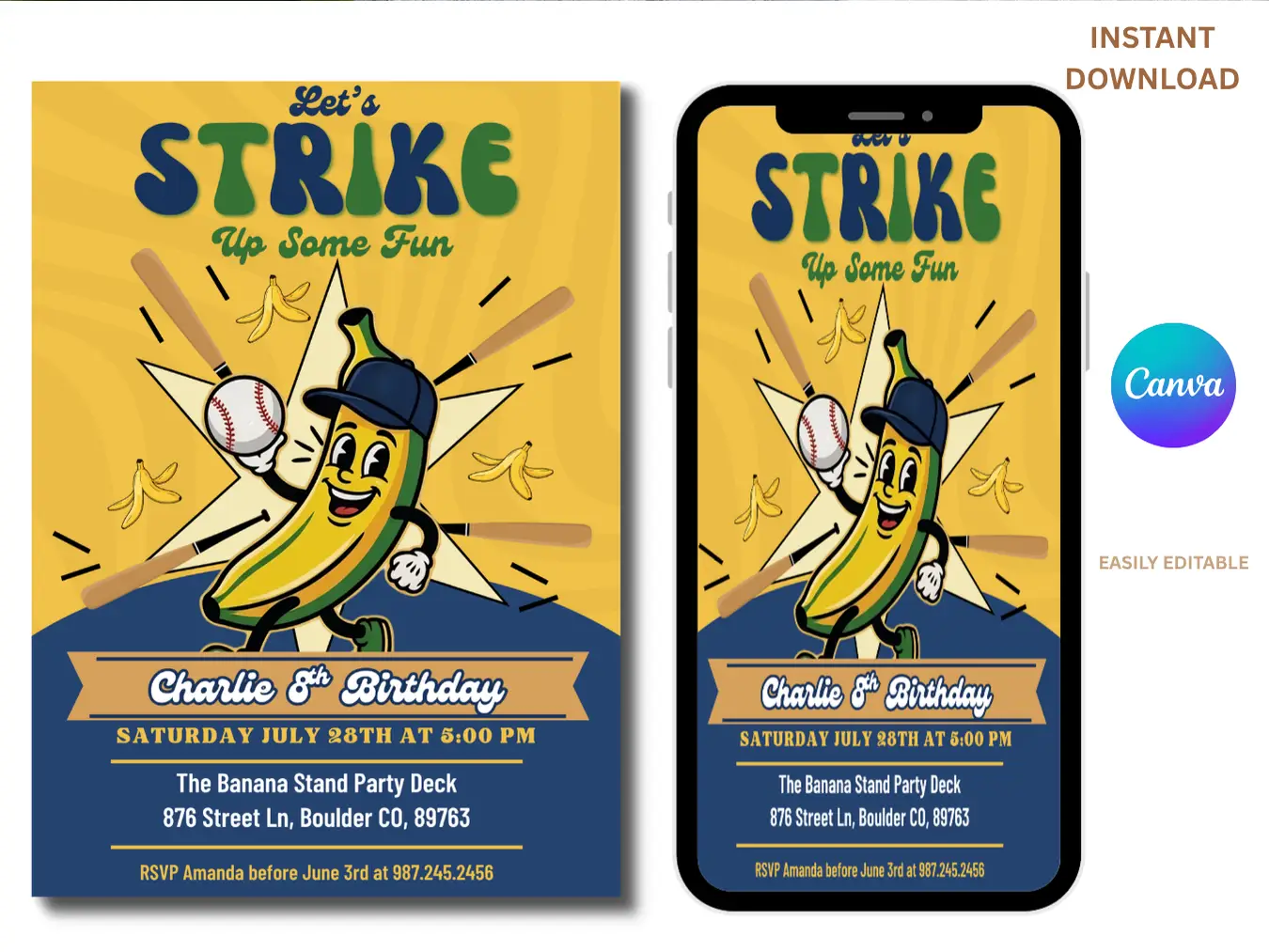 Kids Baseball Birthday Invitation | Funny Banana Sports Party Invite - Image 2