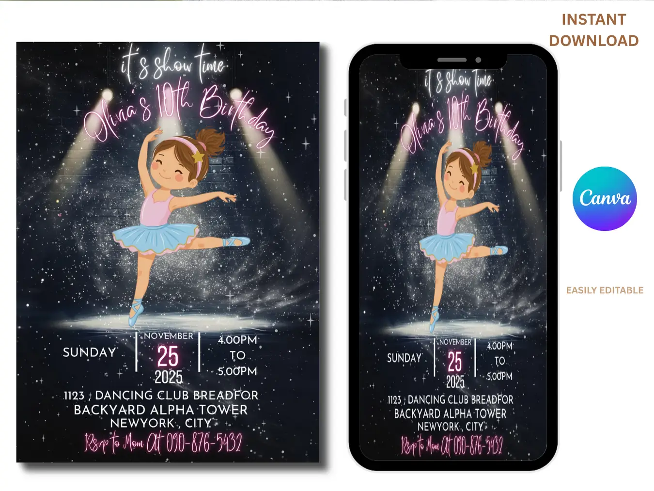 Twinkle Ballet Birthday Invitation | Pink Ballerina Kids Party Template - Image 2