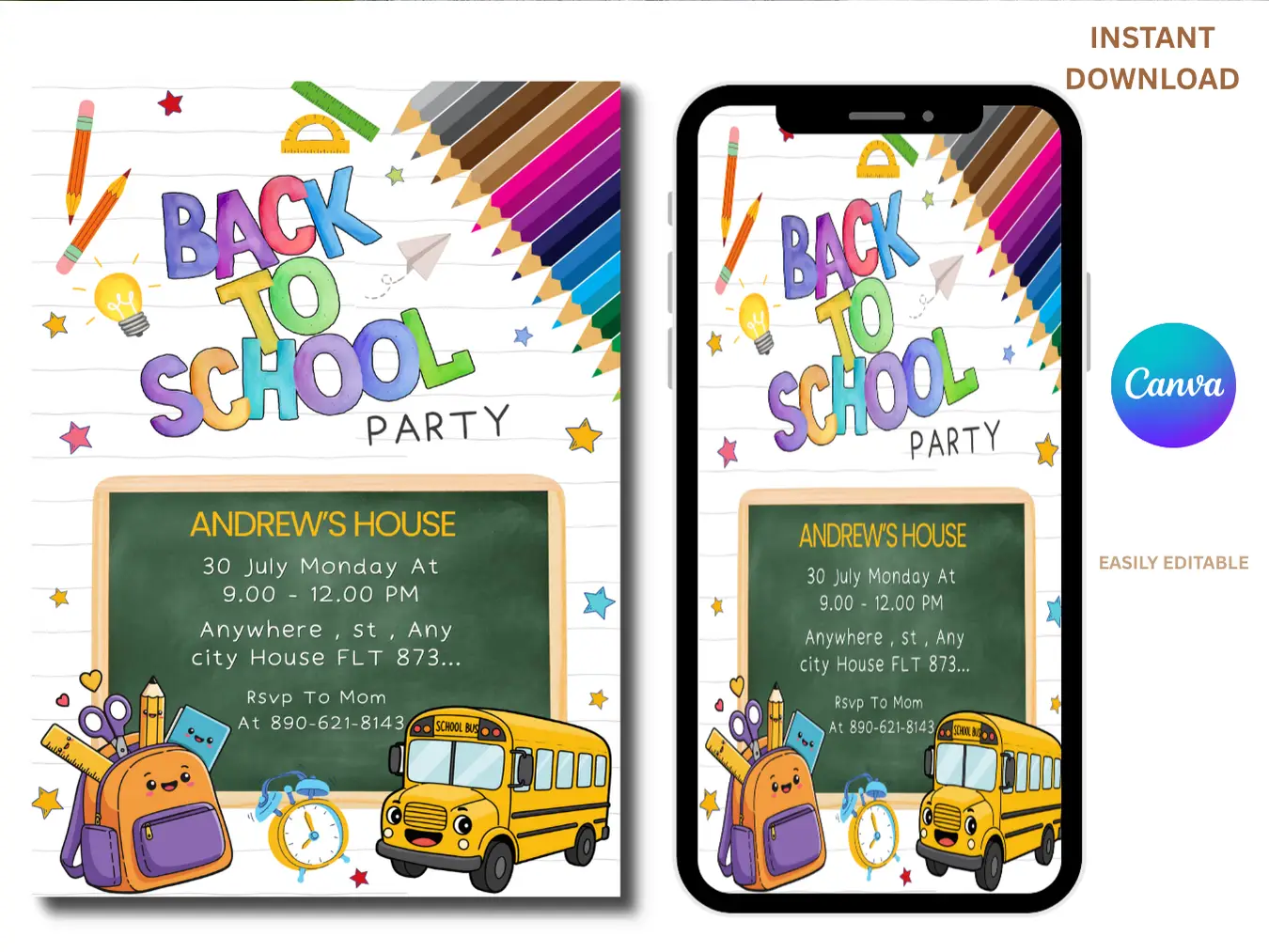 Back to School Party Invitation | Cute Kids School Theme Invite Template - Image 2