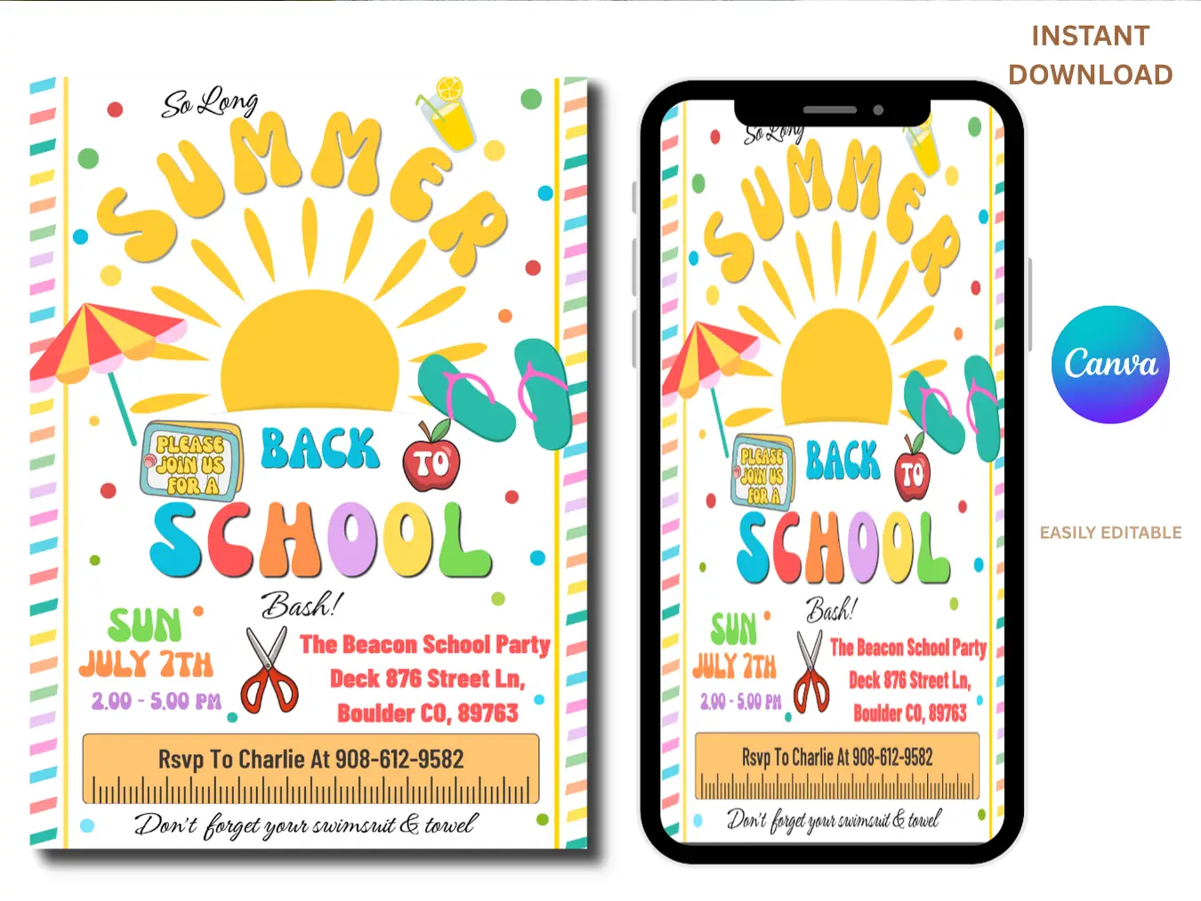 Summer School Bash Invitation Template | Fun Back to School Kids Party Invite - Image 2