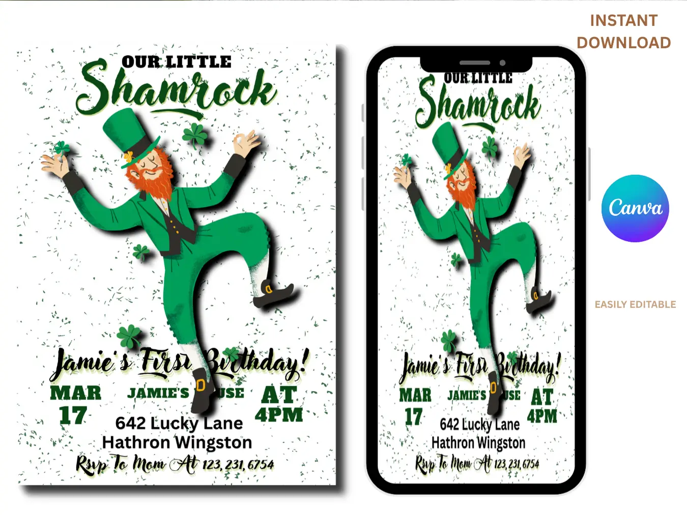 Lucky Irish Birthday Invitation | Shamrock First Birthday Party Template - Image 2